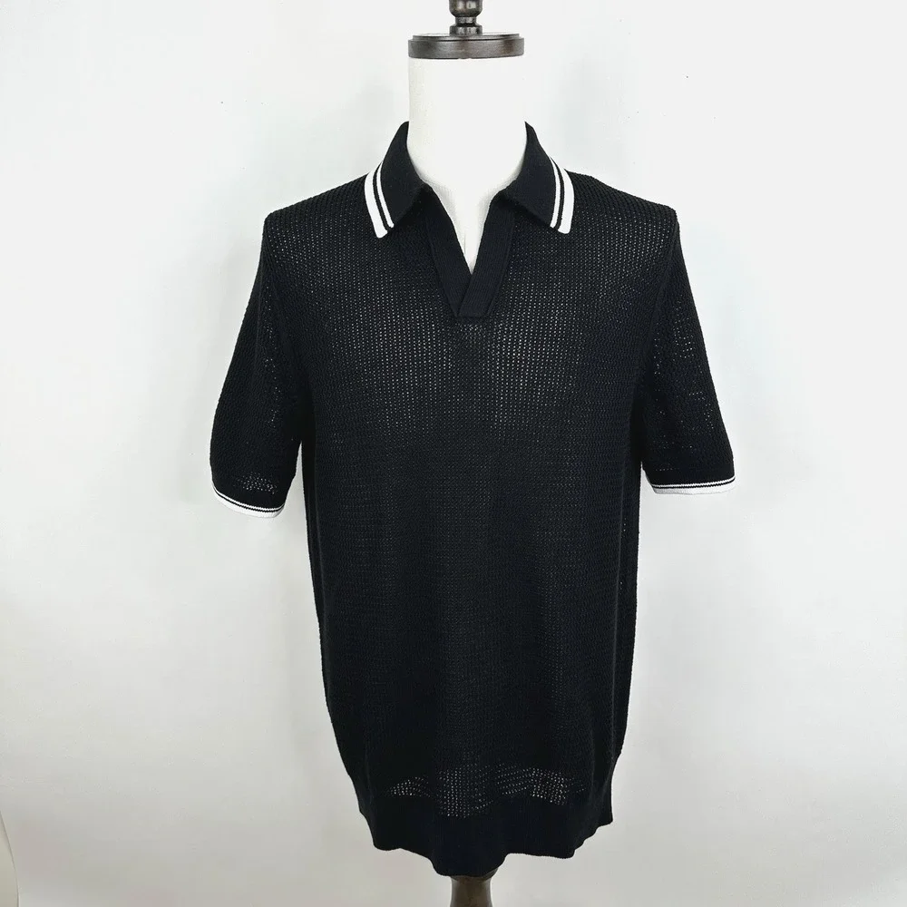 NWT Men's Banana Republic Cotton Zig Zag Sweater Polo MEDIUM‎ TALL M/T Black
